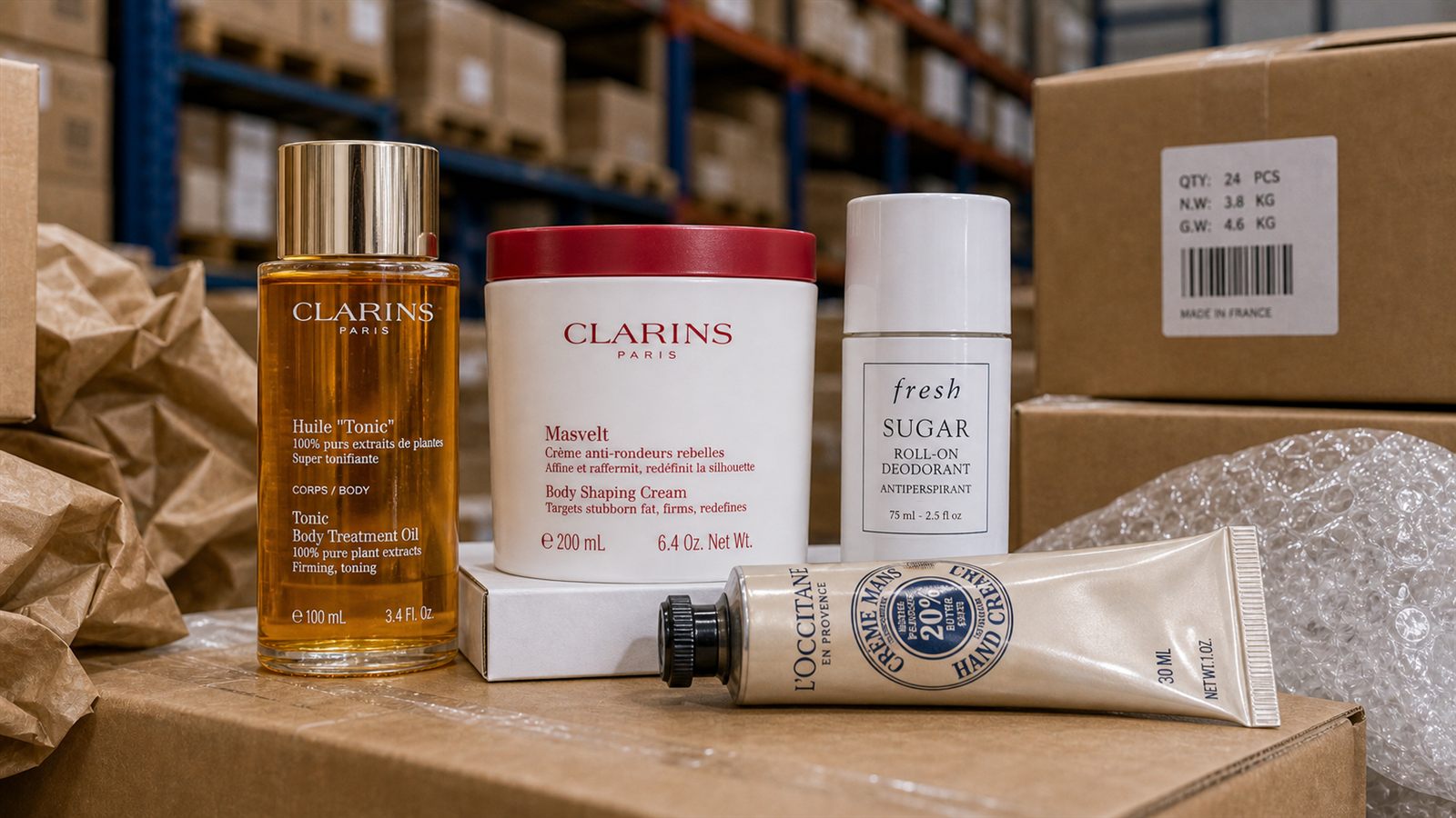 Prestige body care products arranged on warehouse stock cartons