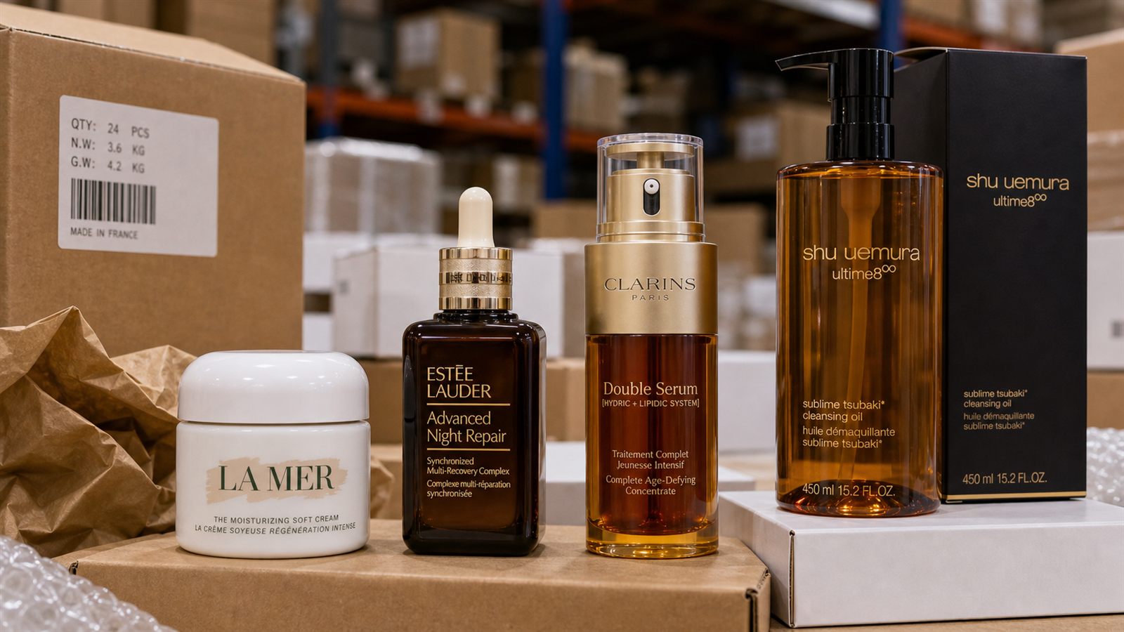 Prestige skincare products arranged on warehouse stock cartons